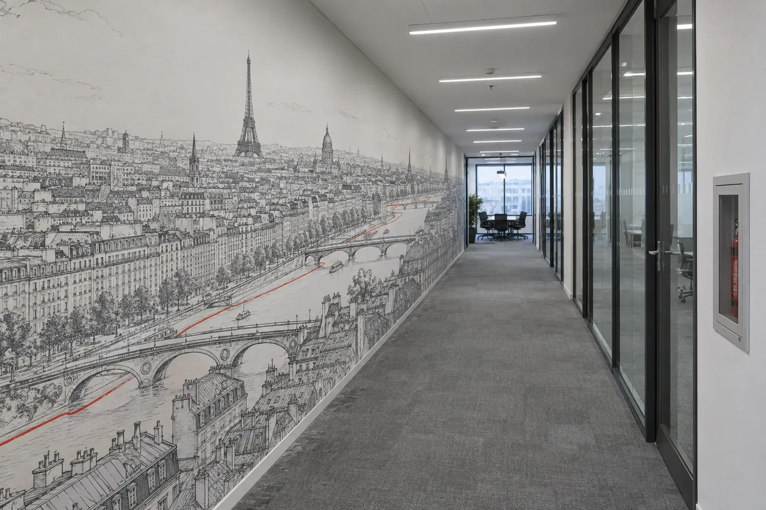 Long couloir de bureaux dont un mur entier porte un panorama dessiné de Paris et de la Seine, imprimé directement sur la cloison