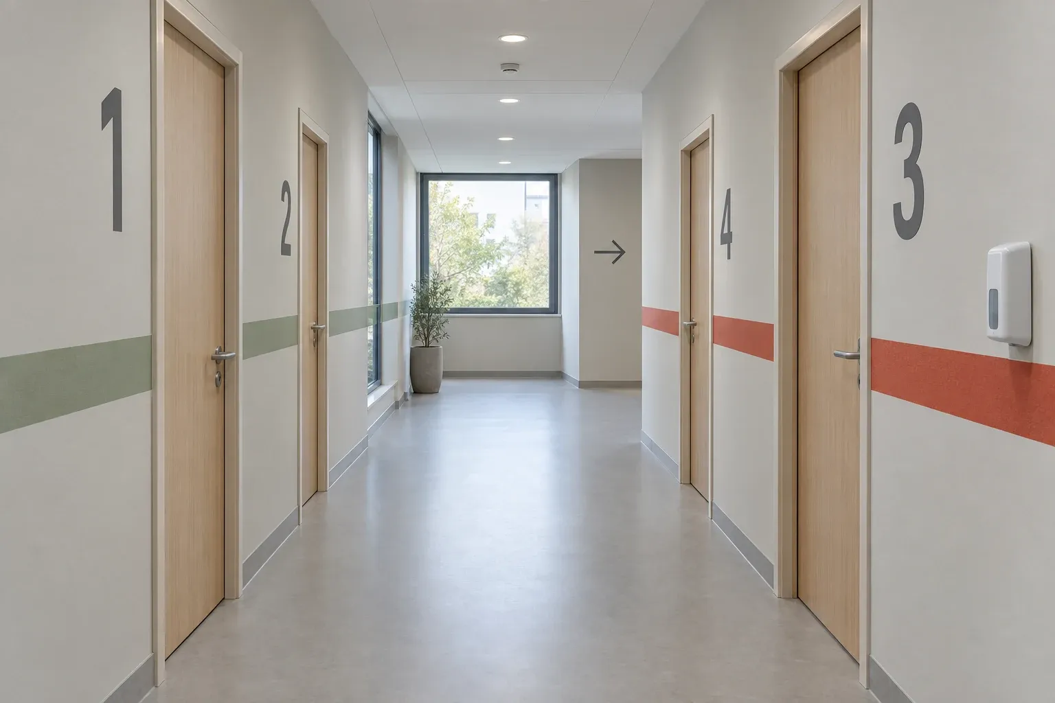 Couloir de maison de santé, grands numéros de salle imprimés à côté des portes et bande de couleur verte puis vermillon qui indique le pôle
