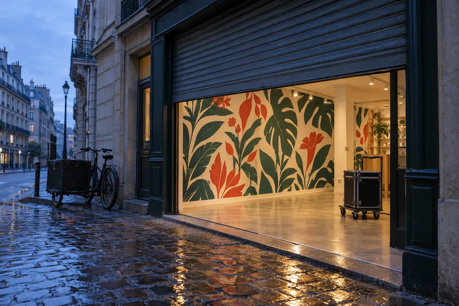 Vitrine de boutique parisienne à l’aube, rideau métallique levé sur un mur fraîchement imprimé et une caisse de matériel prête à partir