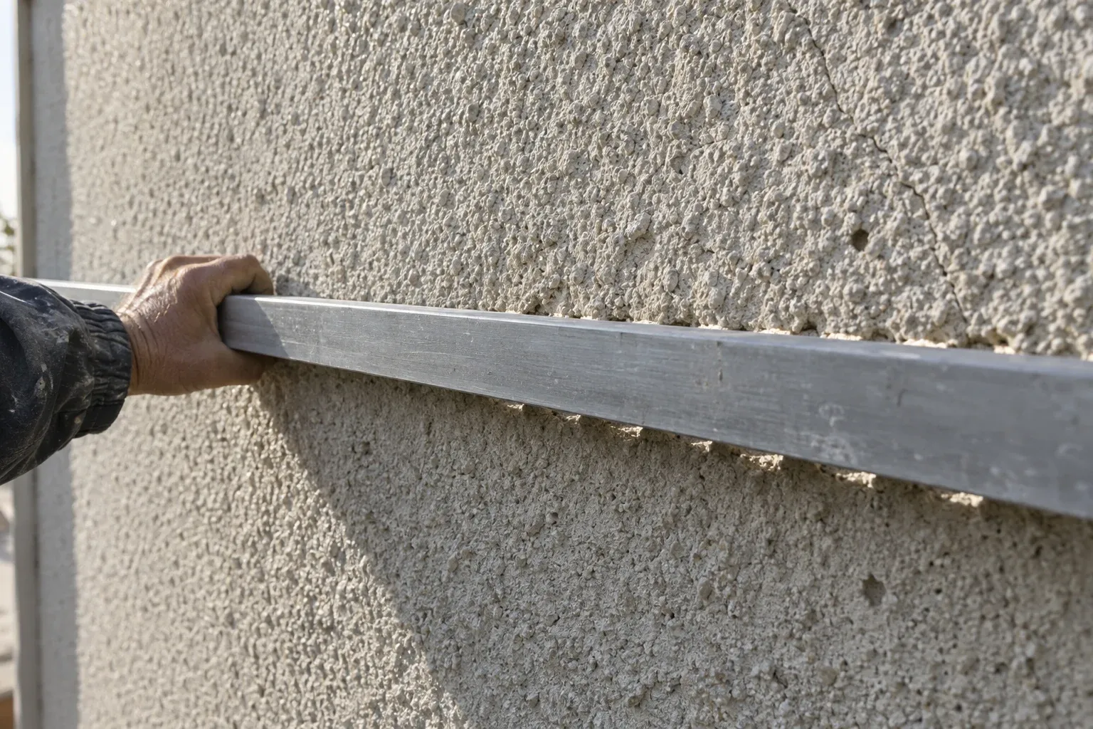 Main posant une règle en aluminium à l’horizontale contre un crépi, le jour passe entre la règle et les creux du mur