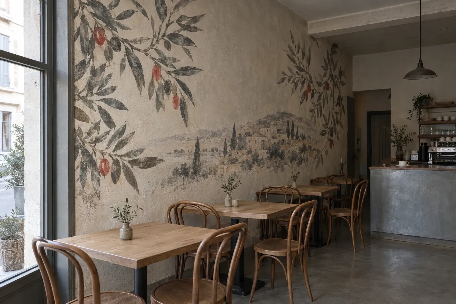 Salle de café vide le matin, branches d’olivier et village provençal imprimés sur tout le mur latéral, tables en chêne et chaises bistrot
