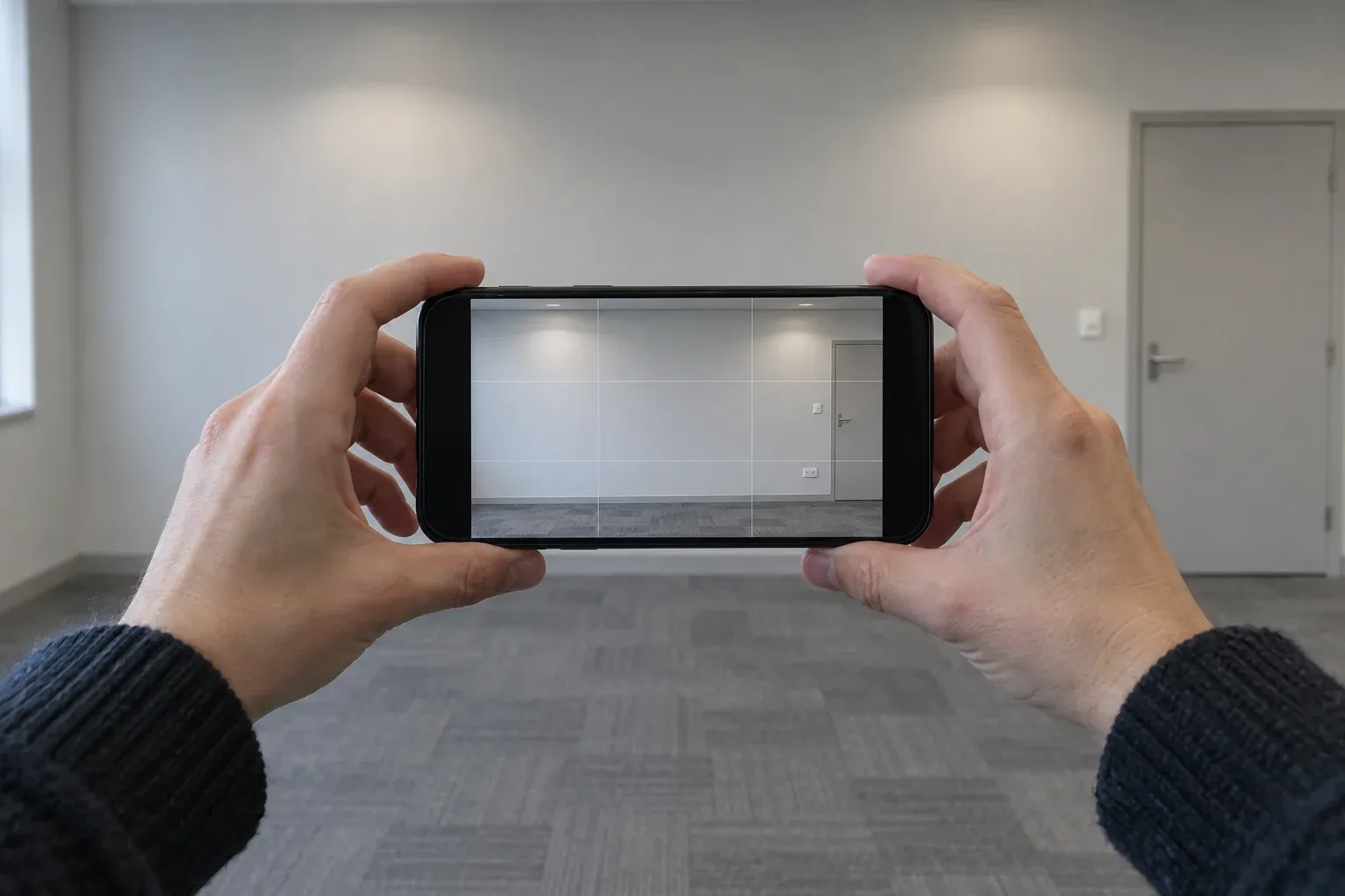 Deux mains cadrent au téléphone un mur de couloir encore nu, pris de face avec la grille de l’appareil photo