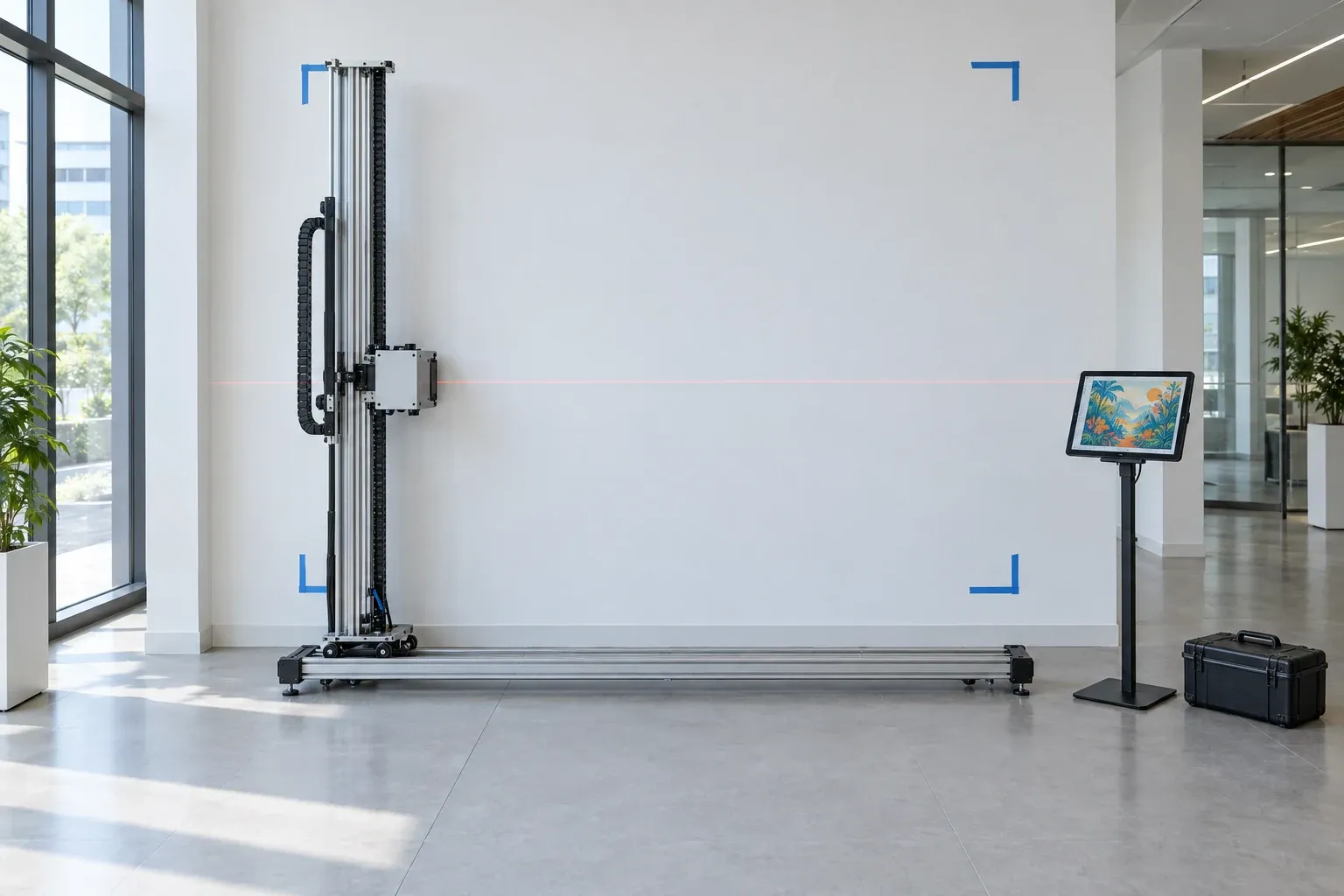 Imprimante murale verticale posée sur son rail devant un mur blanc, zone d’impression repérée au ruban et ligne laser, visuel affiché sur une tablette