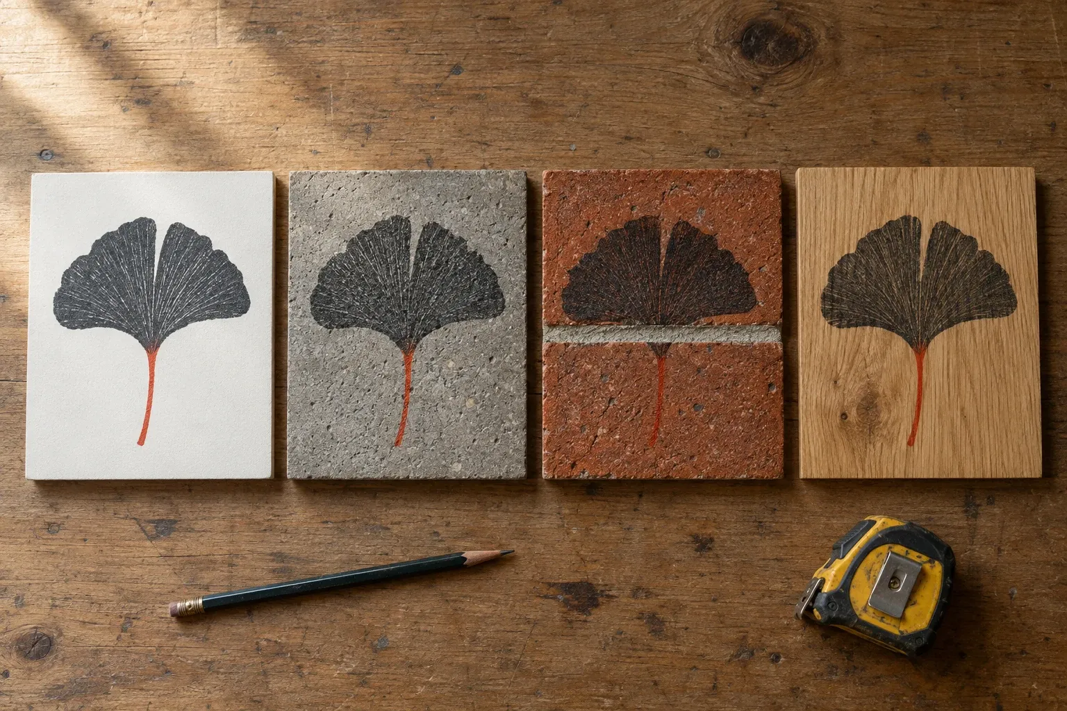 Même feuille de ginkgo imprimée sur quatre échantillons posés sur un établi : enduit lisse, béton, brique avec joint et chêne