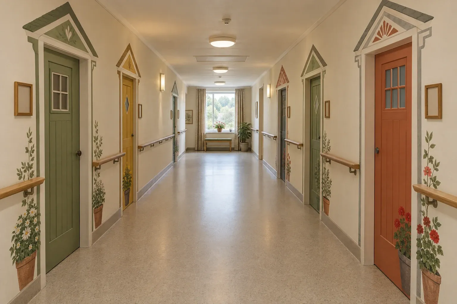 Couloir de résidence senior où chaque porte de chambre est encadrée d’un décor de porte de maison imprimé sur le mur