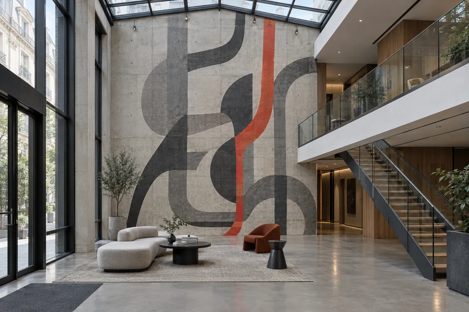 Atrium de siège social sous verrière, grande fresque graphique gris et vermillon imprimée sur le mur en béton, salon d’accueil au pied