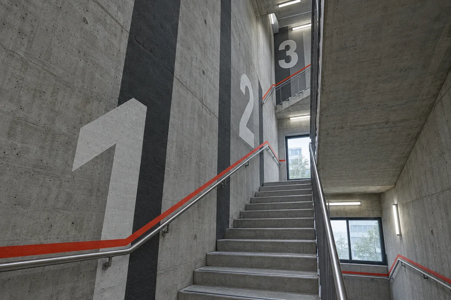 Cage d’escalier en béton brut, numéros d’étage géants et bandes anthracite imprimés au mur, ligne vermillon qui suit la main courante
