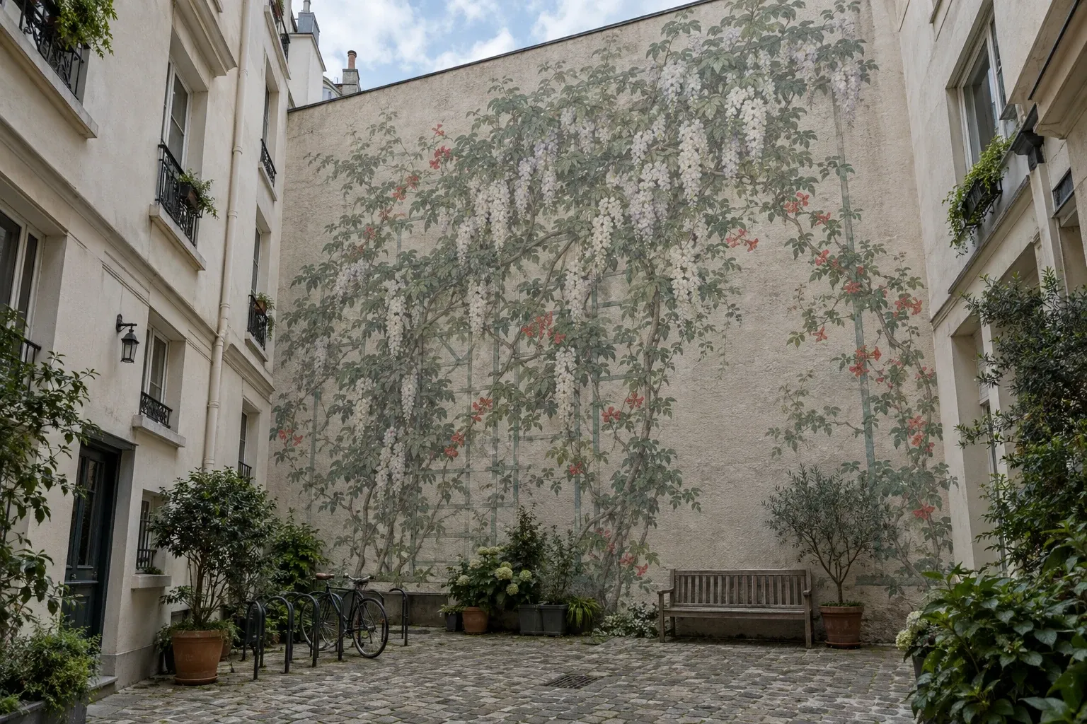 Cour intérieure pavée d’un immeuble ancien, glycine et fleurs vermillon imprimées sur tout le mur aveugle, banc et vélos au pied