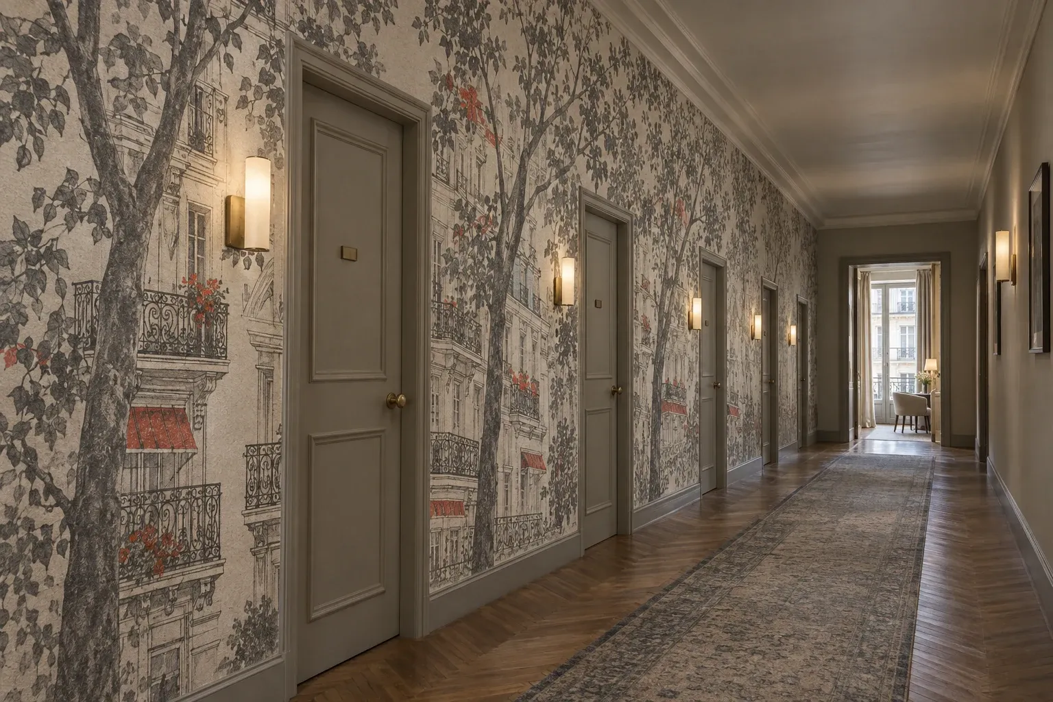Couloir d’hôtel dont le mur porte une illustration continue de platanes et de balcons parisiens, imprimée directement sur le plâtre