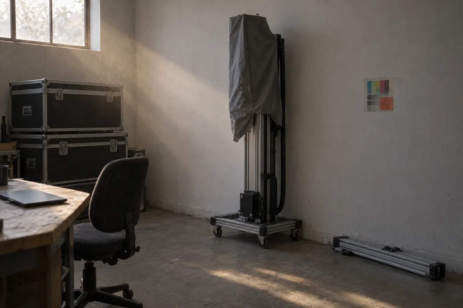 Imprimante murale à l’arrêt sous sa housse dans un atelier vide, caisses de transport empilées, simple mire de test au mur