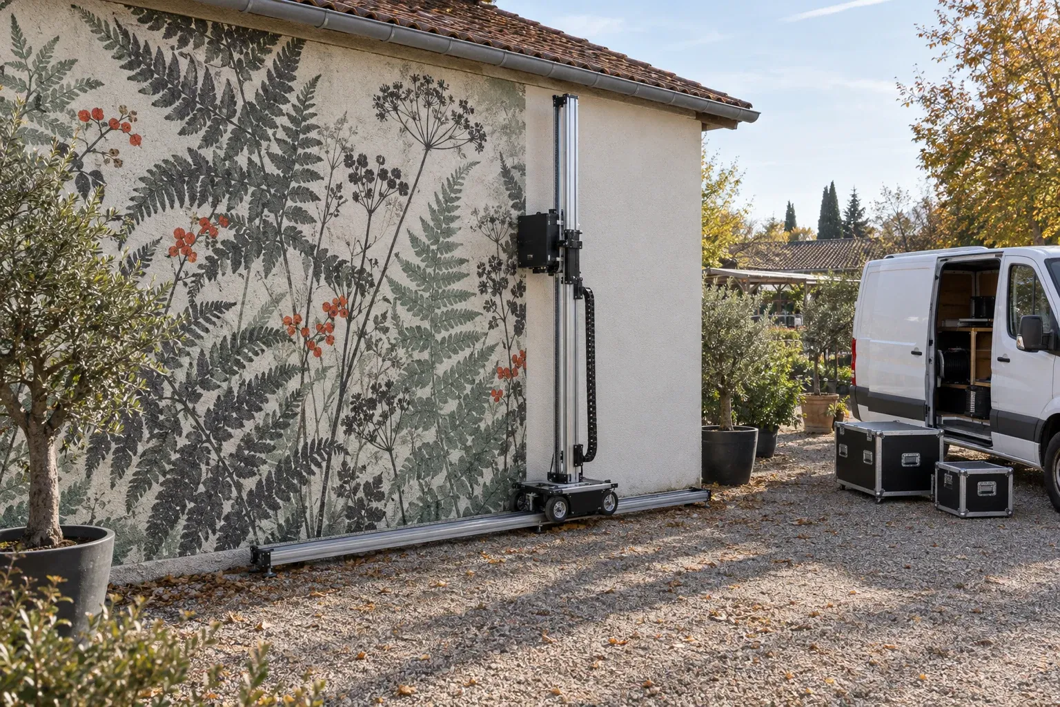 Imprimante murale sur son rail devant le mur extérieur d’une jardinerie, fresque de fougères à moitié imprimée, utilitaire et caisses de transport à côté