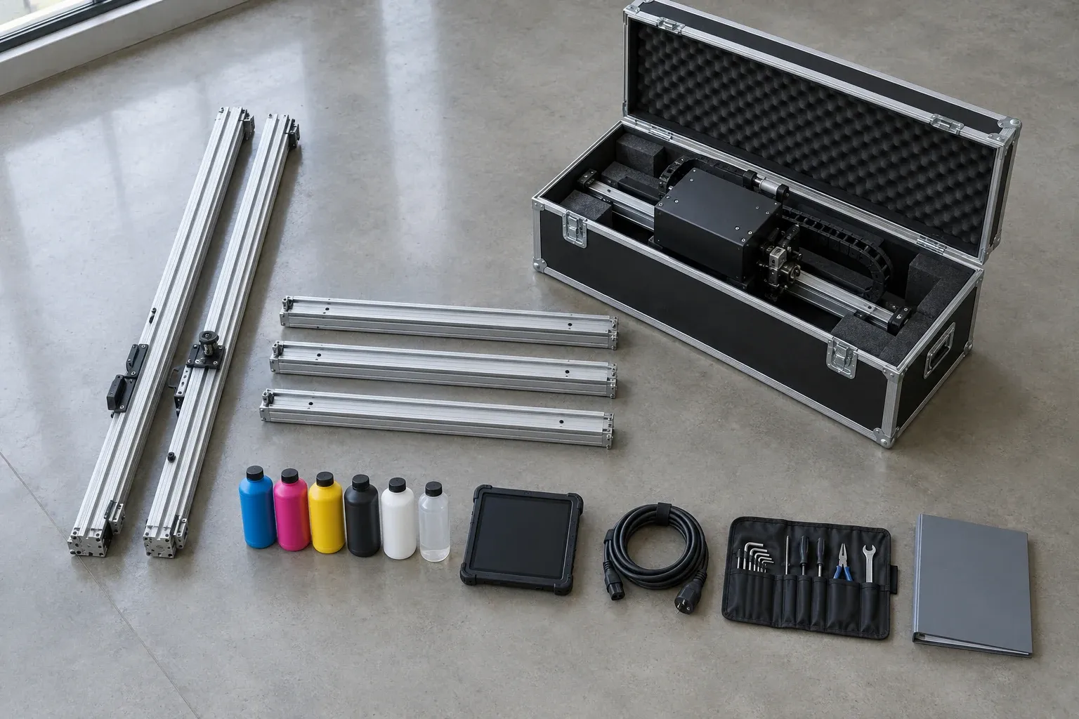 Imprimante murale livrée en pièces sur le sol d’un atelier : mât et rails en aluminium, tête dans sa caisse, six flacons d’encre, tablette, outils et classeur de formation