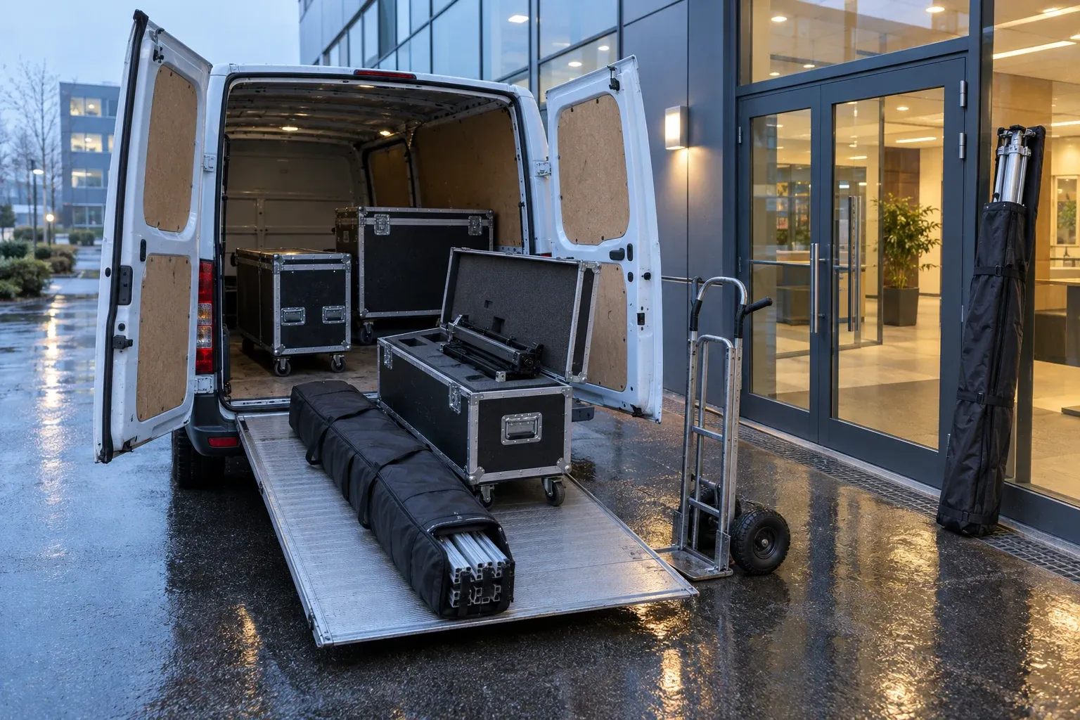 Utilitaire ouvert devant l’entrée de service d’un immeuble de bureaux, caisses de transport de l’imprimante murale et rails sur la rampe, diable à côté