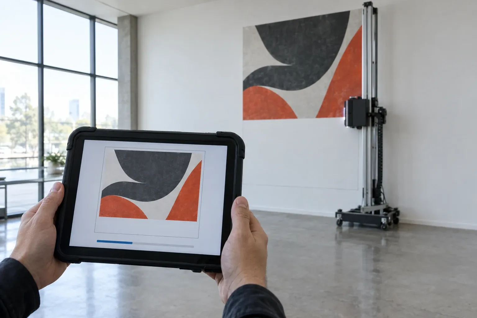 Tablette de pilotage affichant le visuel en cours d’impression, devant l’imprimante murale qui dépose le même motif sur le mur