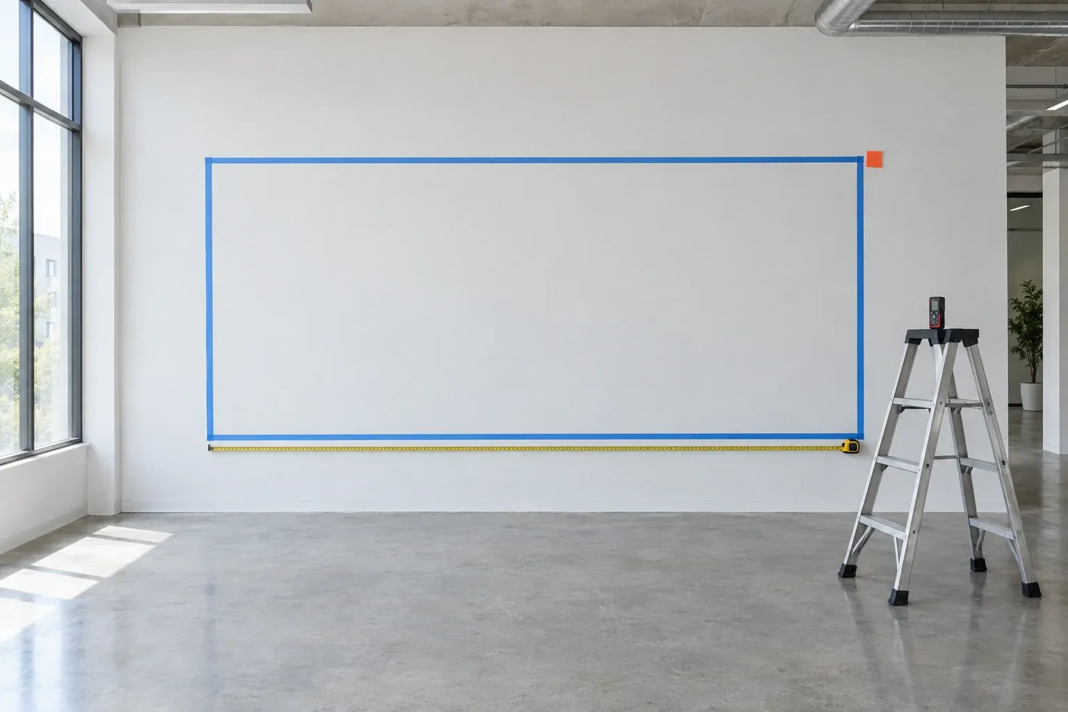 Mur blanc de bureau où la surface à imprimer est délimitée au ruban bleu, mètre ruban au pied et télémètre laser posé sur un escabeau