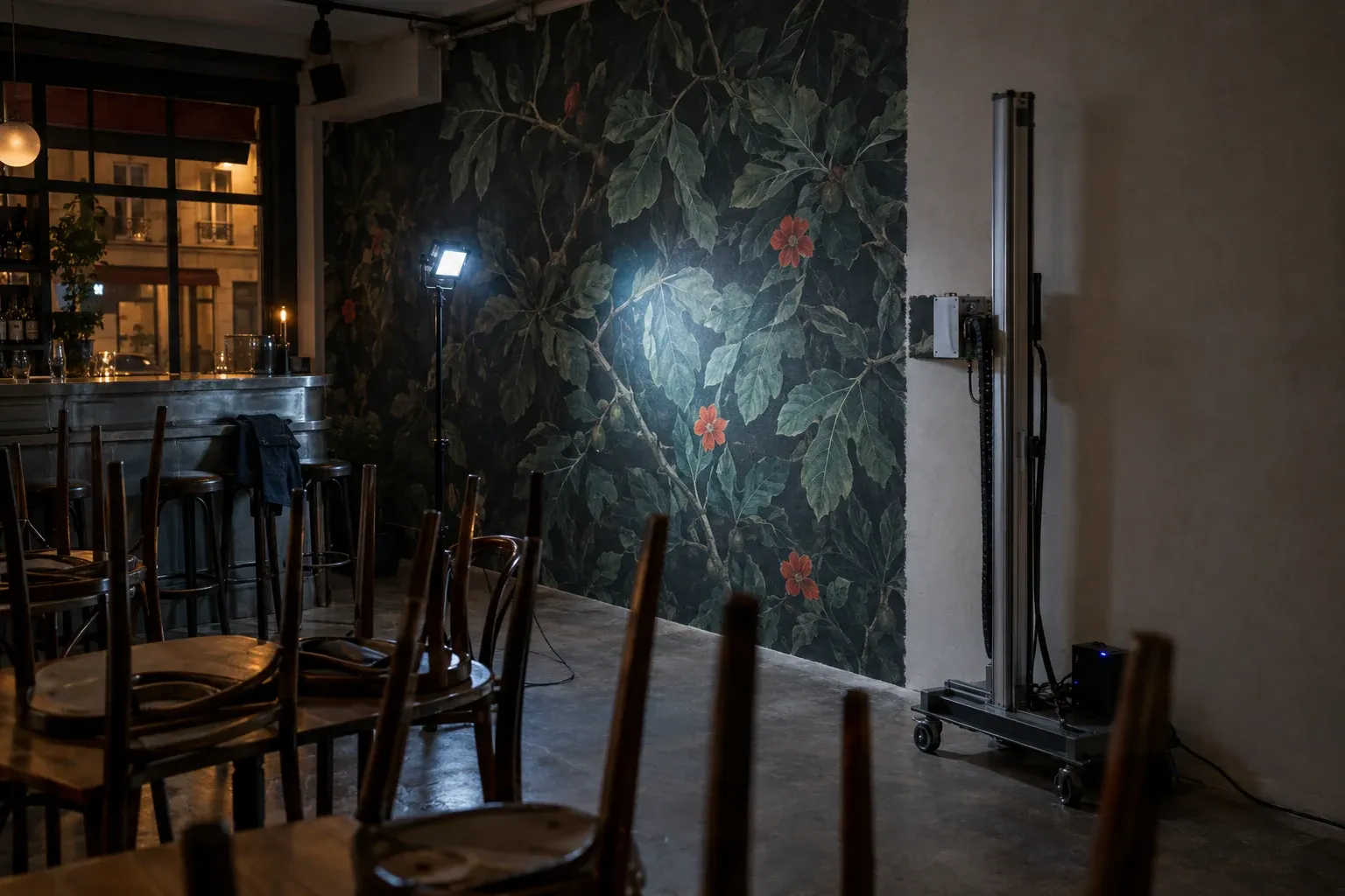Salle de bistrot fermée la nuit, chaises retournées sur les tables, machine d’impression murale sur son rail devant un mur en cours de décor