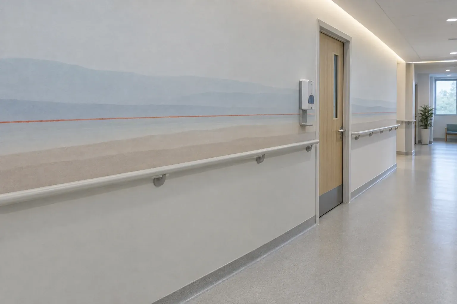 Couloir de clinique avec une main courante fixée sur un décor de paysage imprimé directement sur le mur lessivable