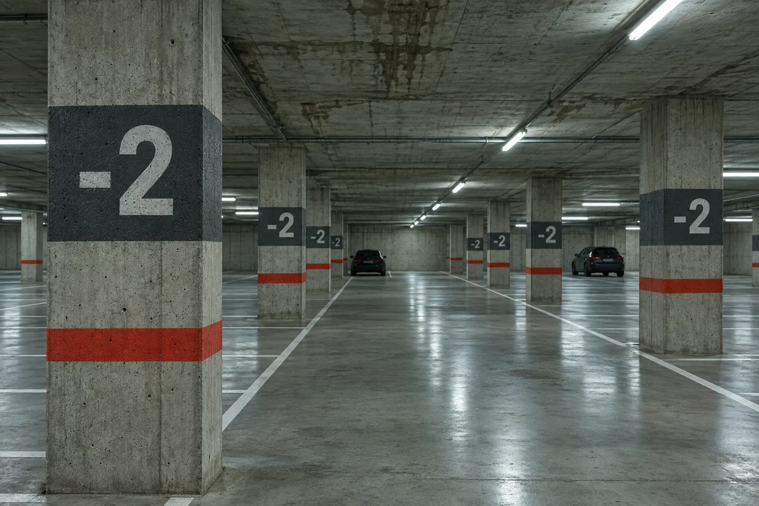 Parking souterrain en béton brut, niveau -2 imprimé sur chaque pilier avec une bande vermillon à hauteur de pare-chocs