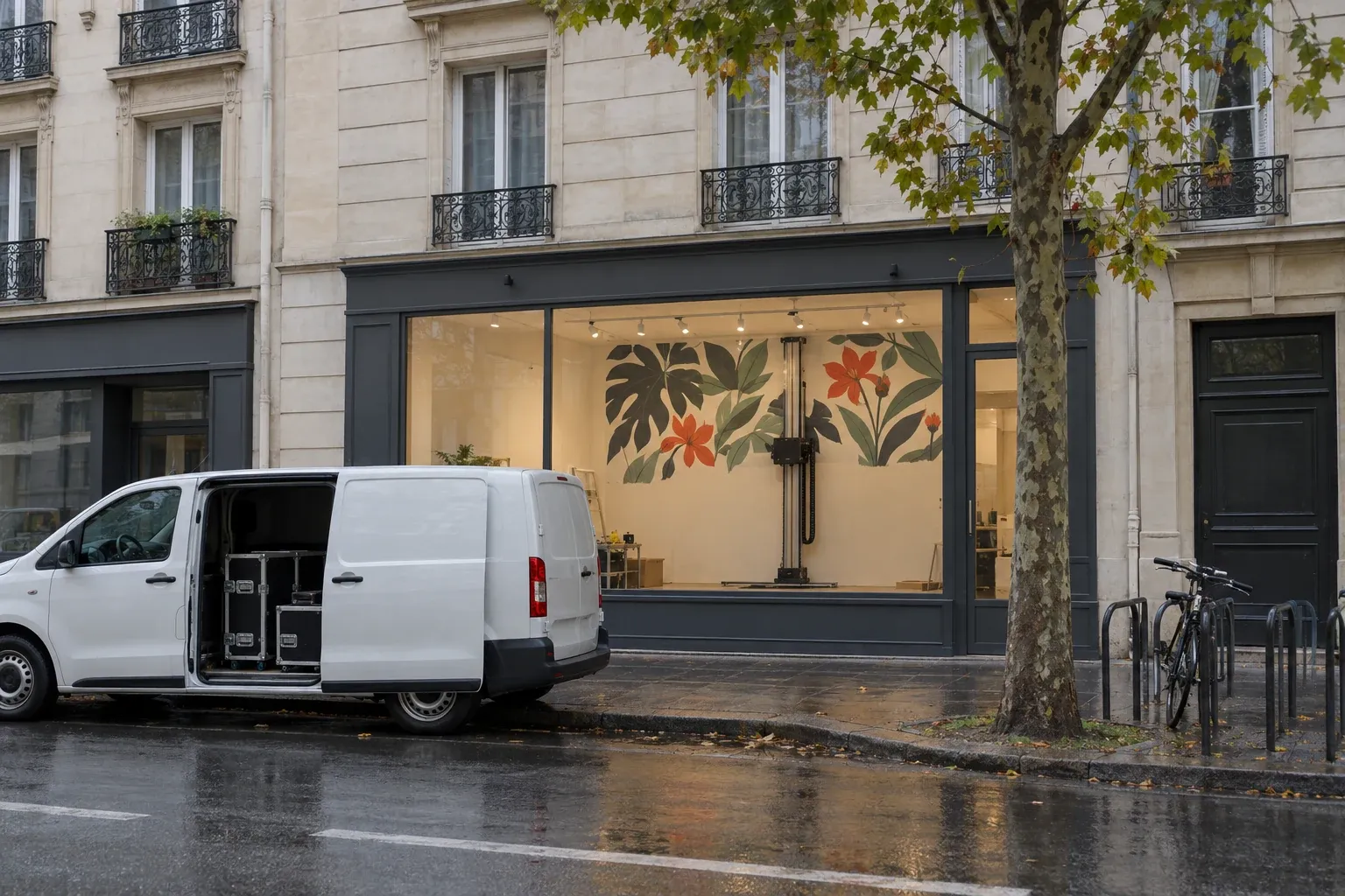 Utilitaire d’un prestataire garé devant un local sur rue, imprimante murale en train d’imprimer le mur du fond derrière la vitrine